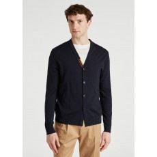 Dark Navy Merino Wool Cardigan With 'Artist Stripe' Trim