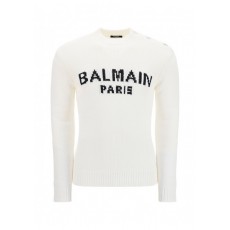 Balmain Paris 로고 자수 디테일 화이트 코튼 스웨터